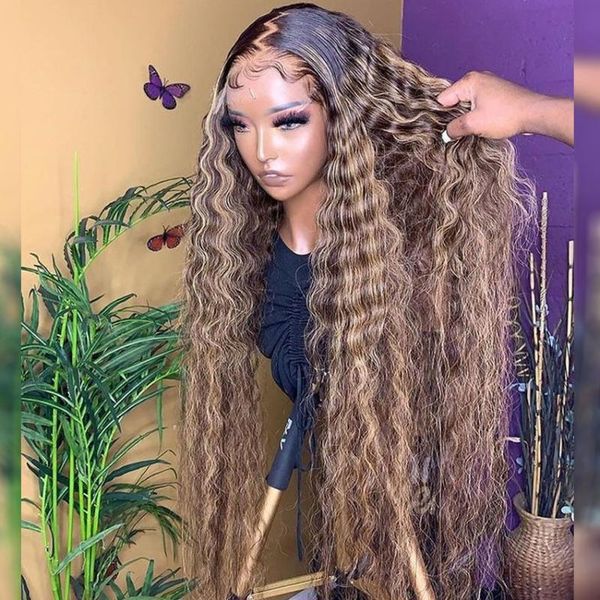lace wigs luvin 30 32 inch highlight ombre 13x4 front wig curly human hair honey blonde colored deep wave frontal for women, Black;brown